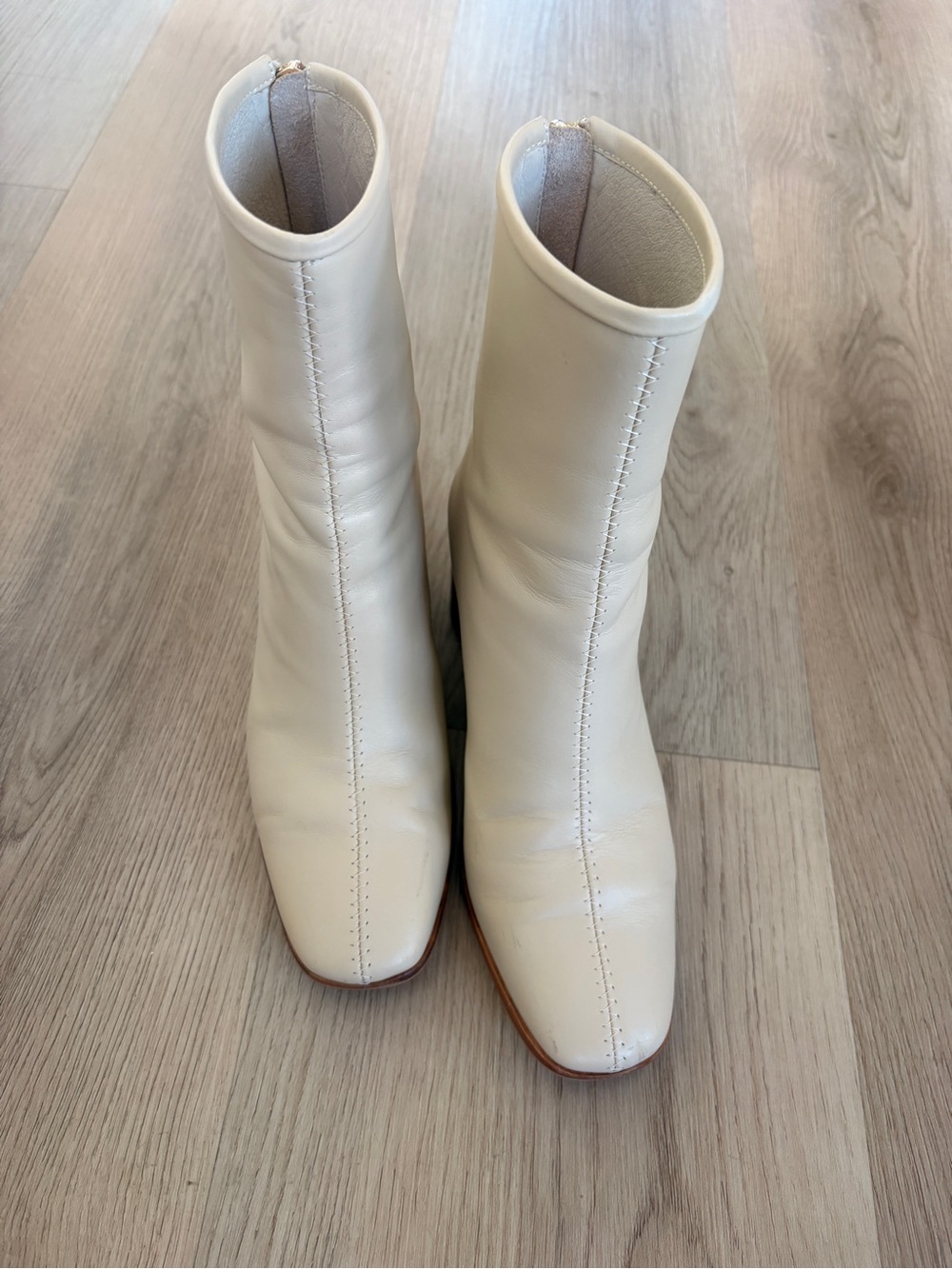 Sol Sana Cream Round Wooden Block Heel Ankle Boots